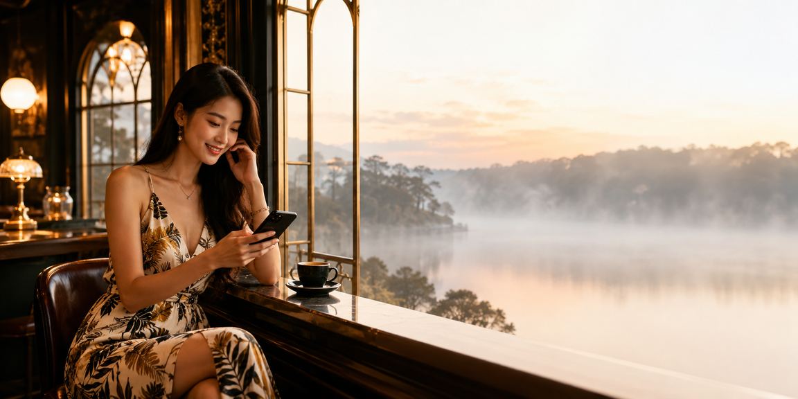 Thành viên trải nghiệm casino trên điện thoại tại Đà Lạt với ly cà phê