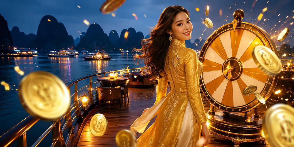 Cảnh vịnh Hạ Long kết hợp hình ảnh trò chơi roulette và trang phục áo dài truyền thống